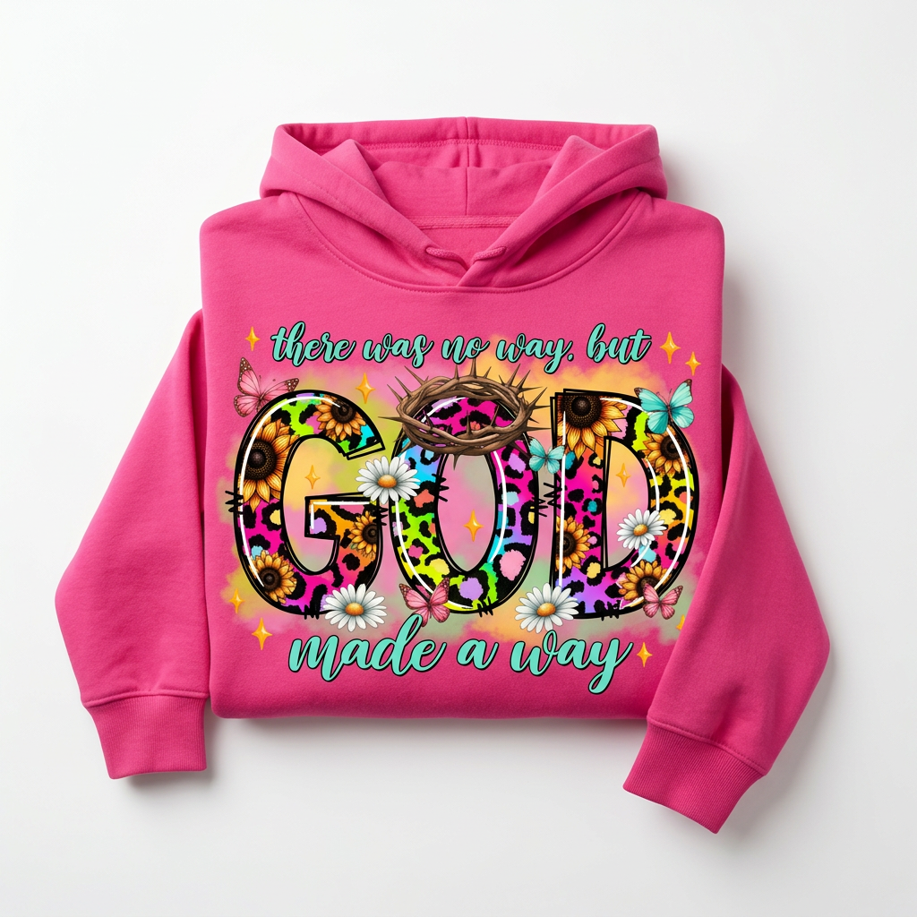 There Was No Way But God hot pink hoodie flat lay