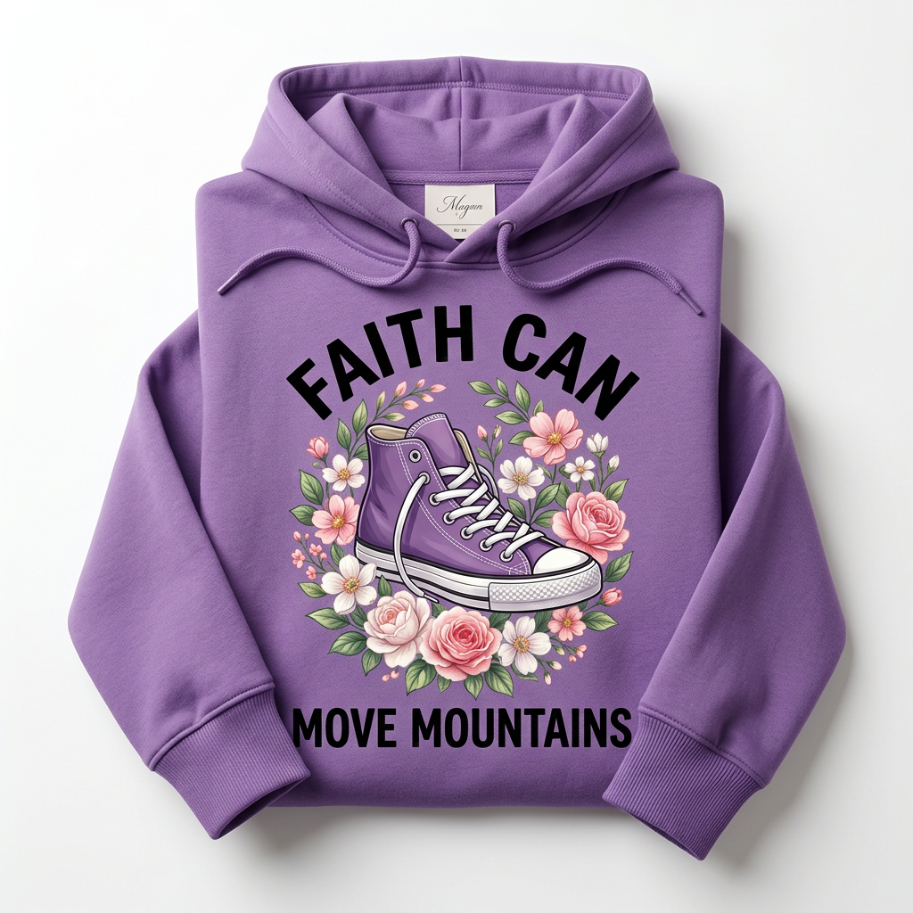 Faith Can Move Mountains purple hoodie flat lay