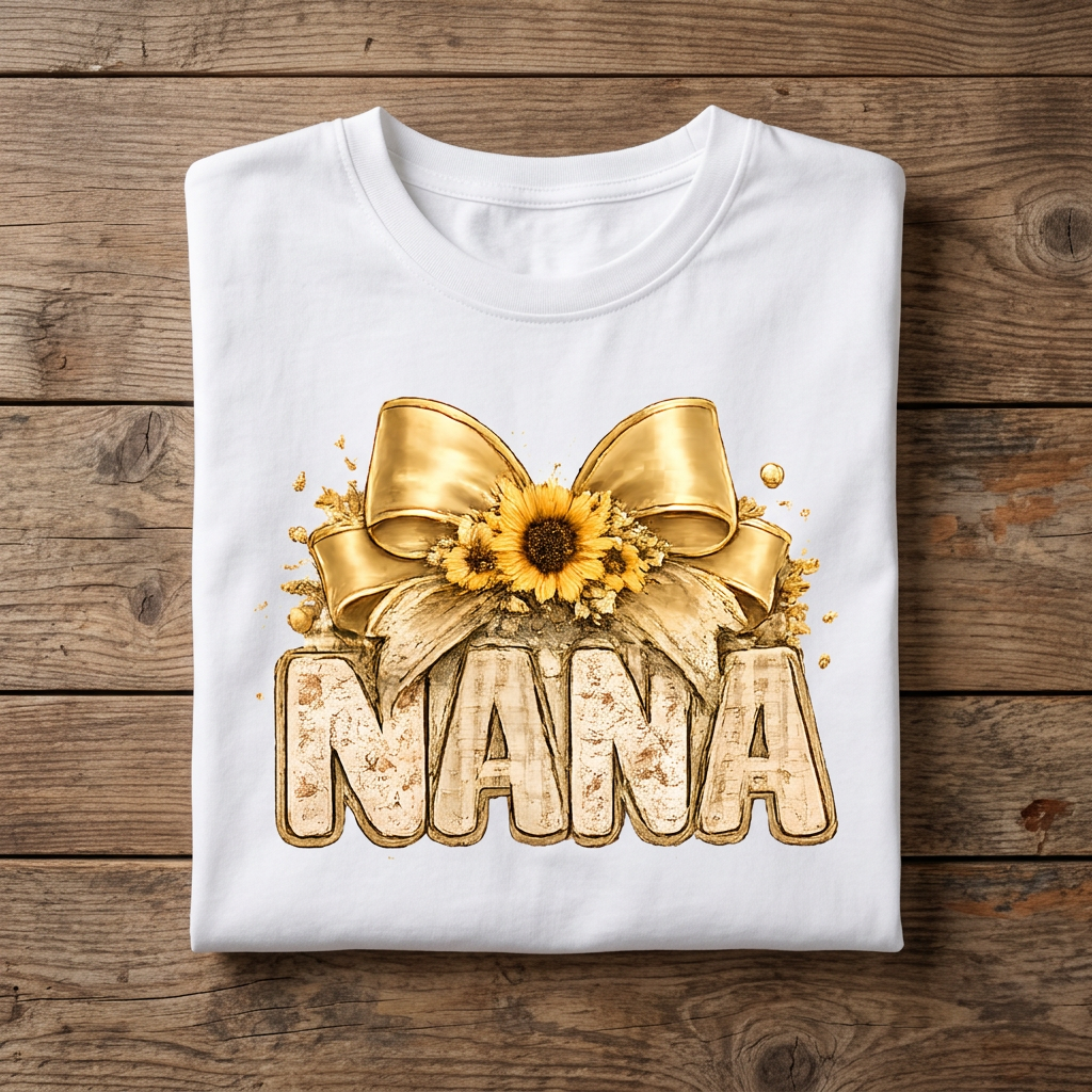 Nana Sunflower Gold Bow Tee folded flat lay on rustic wood surface