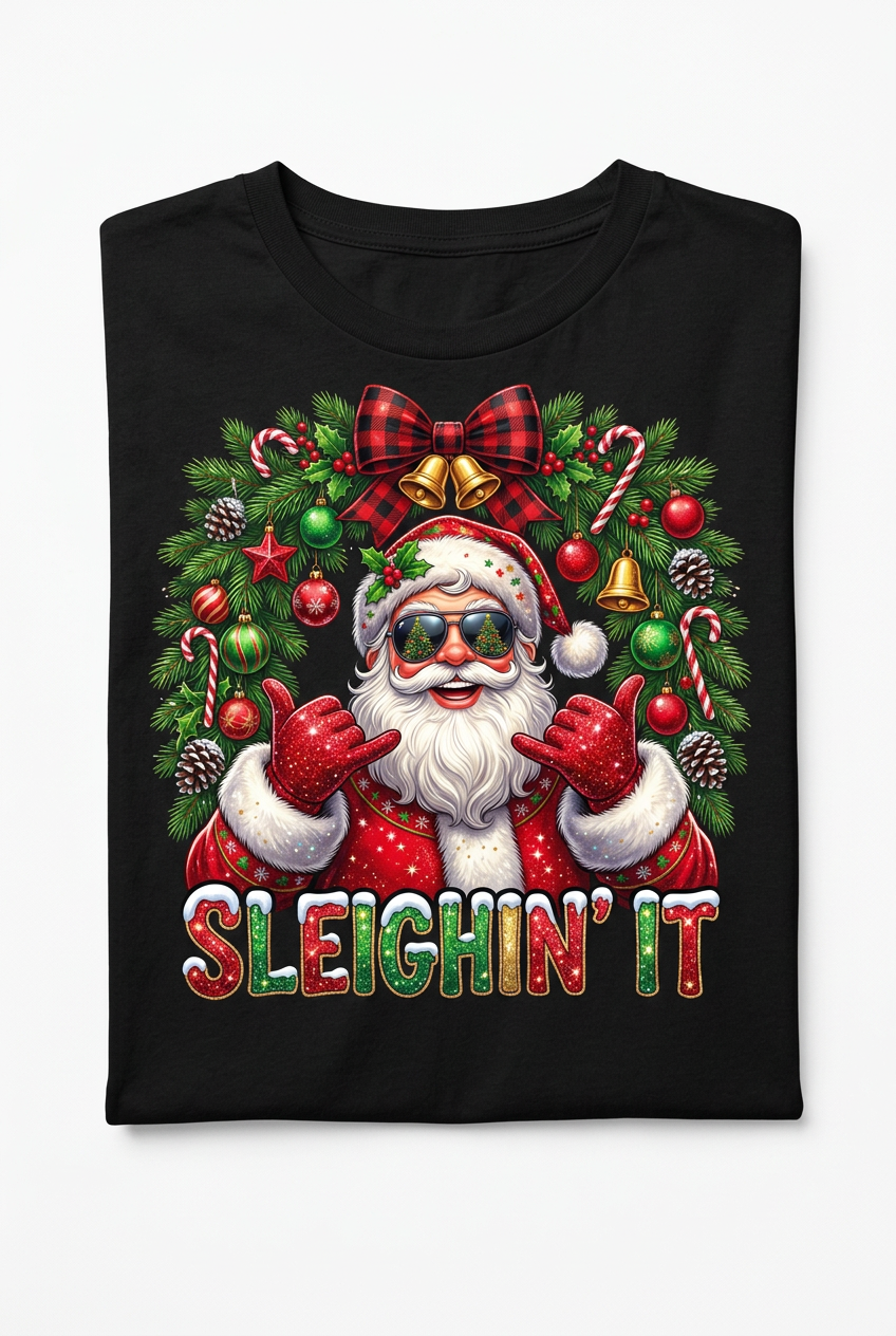 Sleighin' It Christmas Tee - flat lay on black shirt