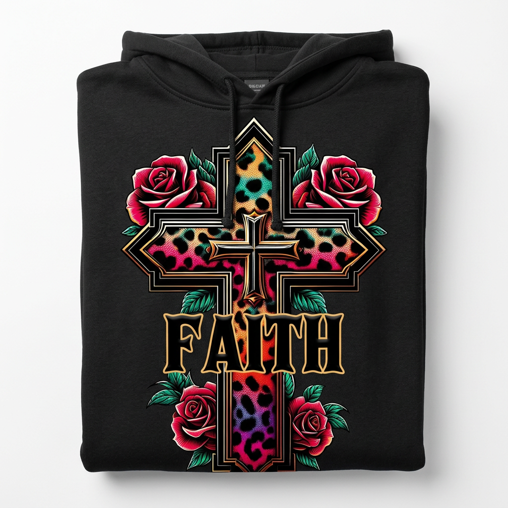 Faith Cross Rainbow Leopard black hoodie flat lay