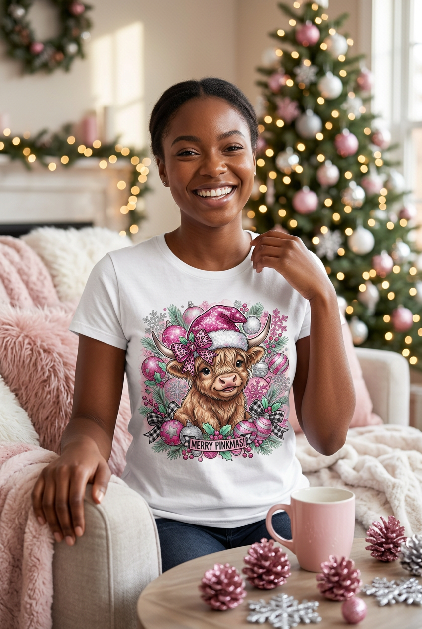 Glam Pink Highland Cow Christmas Tee | Holiday Shirt – Soft Print Tees
