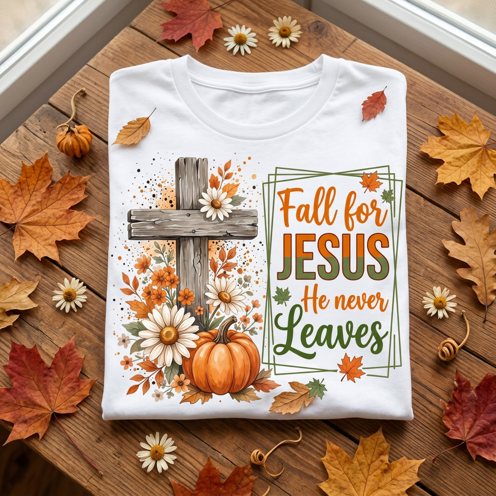 Fall for Jesus He Never Leaves Tee folded flat lay on rustic wood surface with fall leaves
