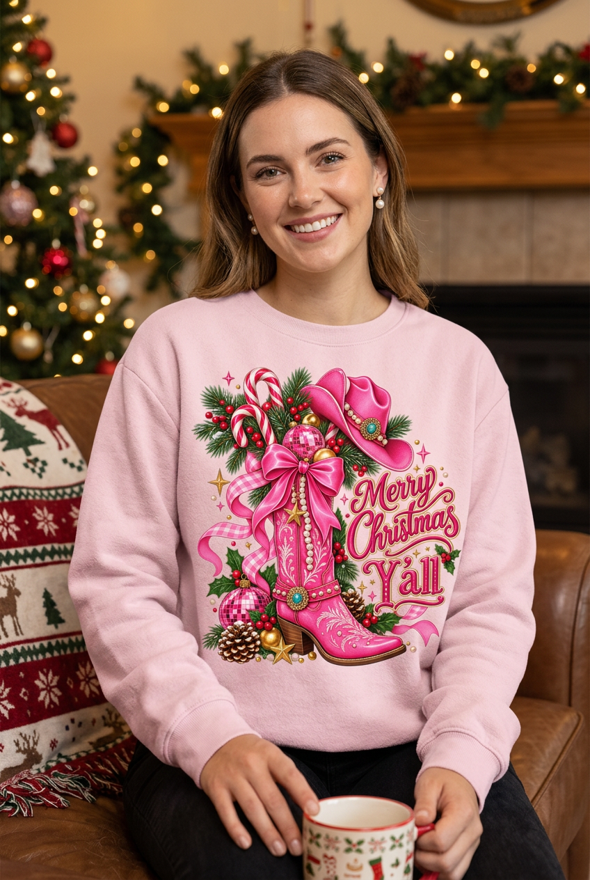 Merry Christmas Y'all - White female model light pink sweatshirt