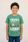Hispanic boy in green Trust In The Lord tee