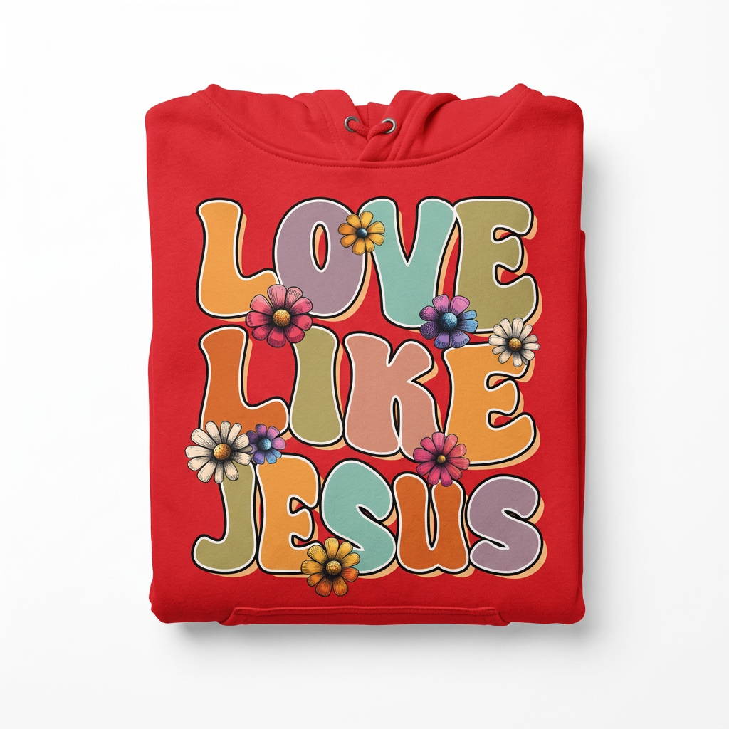Love Like Jesus red hoodie flat lay